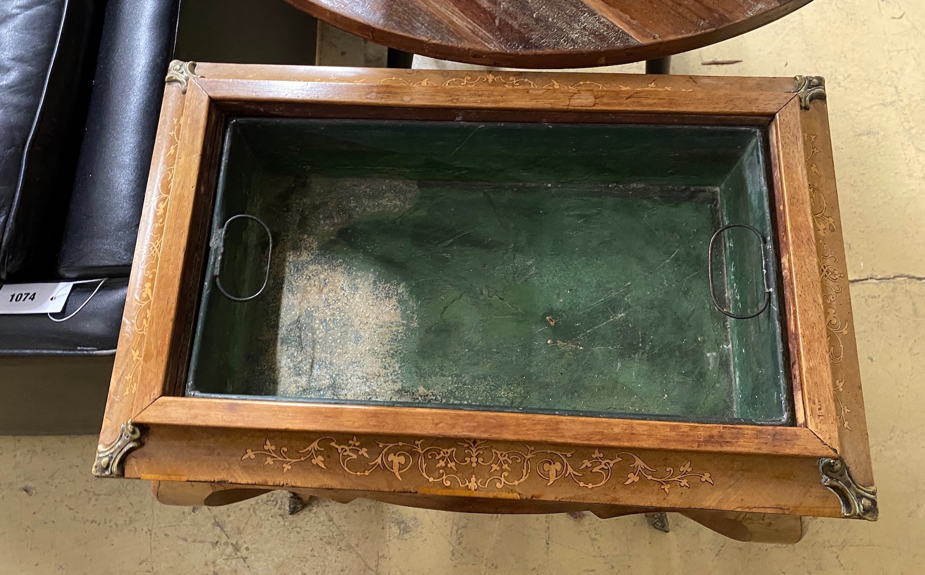 A French marquetry inlaid walnut jardiniere table, width 60cm, height 40cm